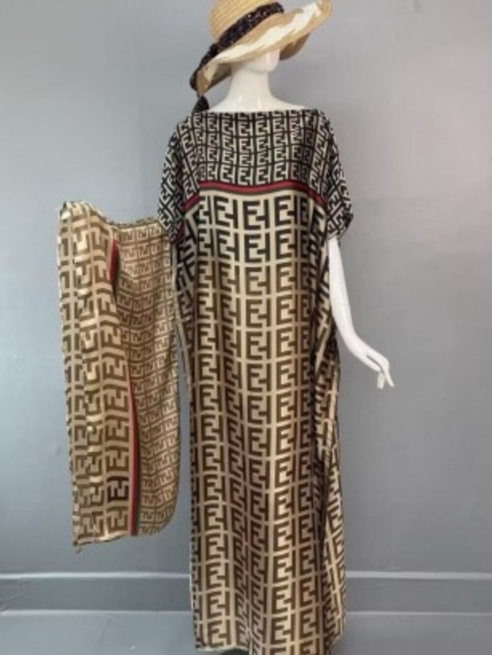 Designer Inspired Beige and Black Geometric Kaftan Dress O/S